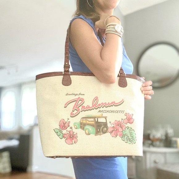 NWT Brahmin Pecan Pipa Leather and canvas Tote Bag and wristlet - Picture 5 of 14